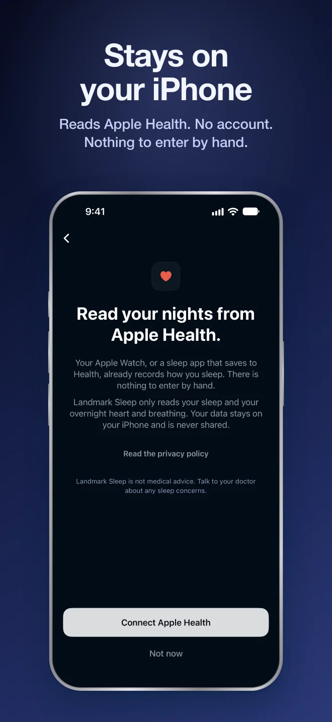 App Store frame explaining that health data stays on the iPhone